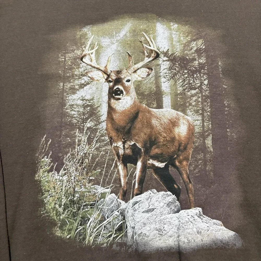 Deer Sweatshirt Mens XL Brown Buck Nature Forest Graphic Fleece Crewneck Hunting